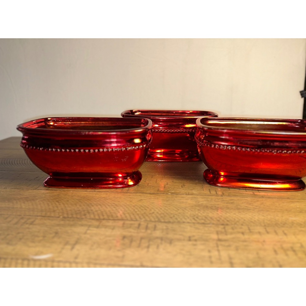 Vintage Red Metallic Glass Footed Planters Beaded Rim Set of 3 Rectangular Bowls